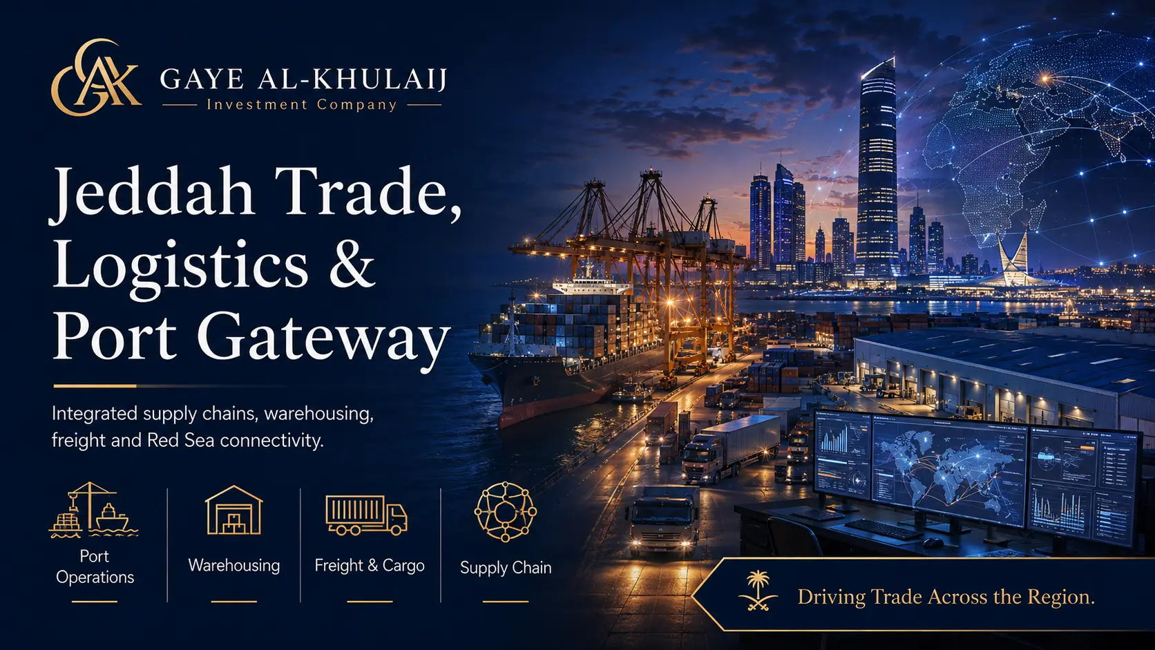 Jeddah logistics and port services: container vessel, warehousing and freight network at sunset