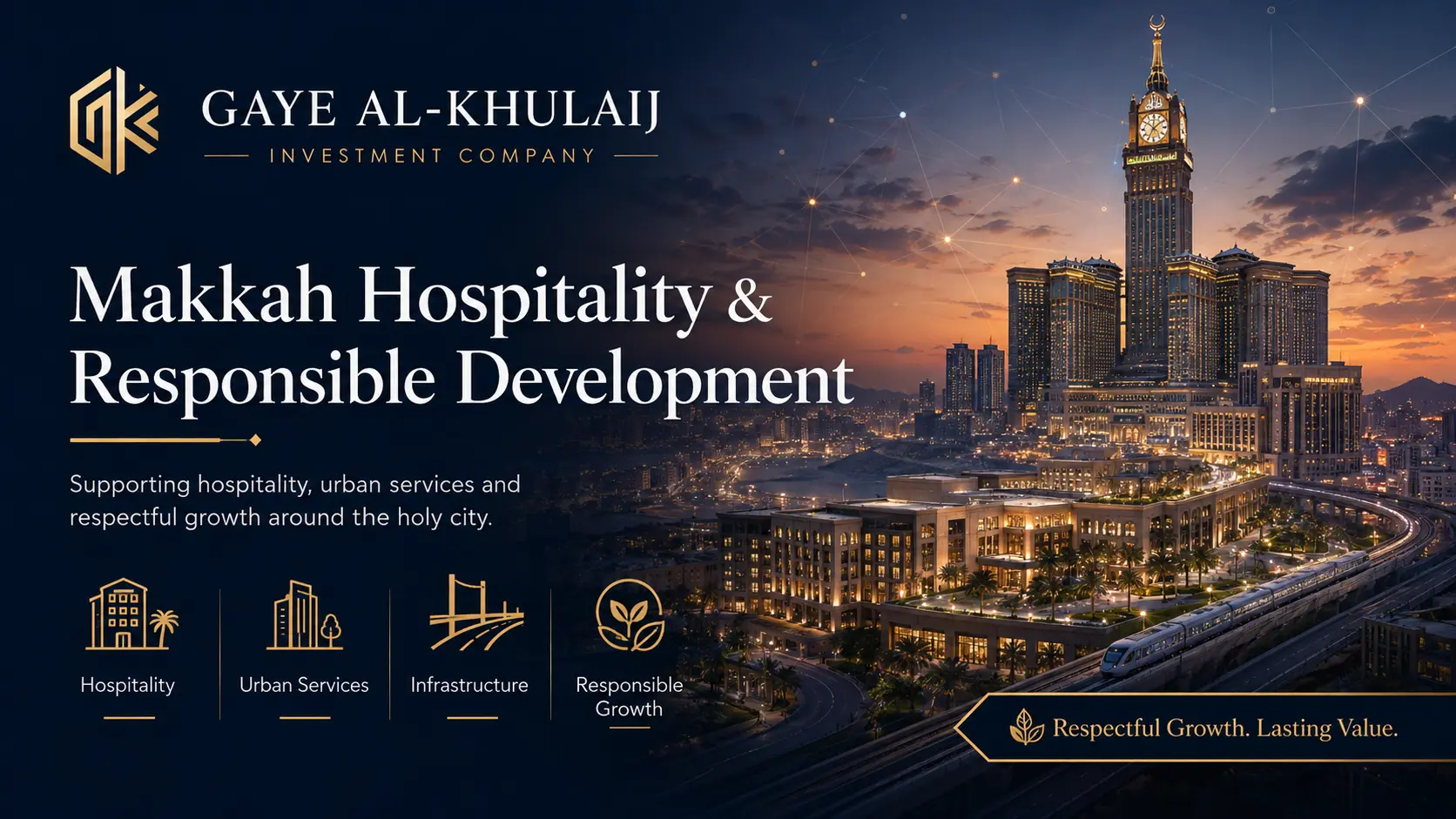Makkah vision and responsible development: Makkah skyline and infrastructure at dusk