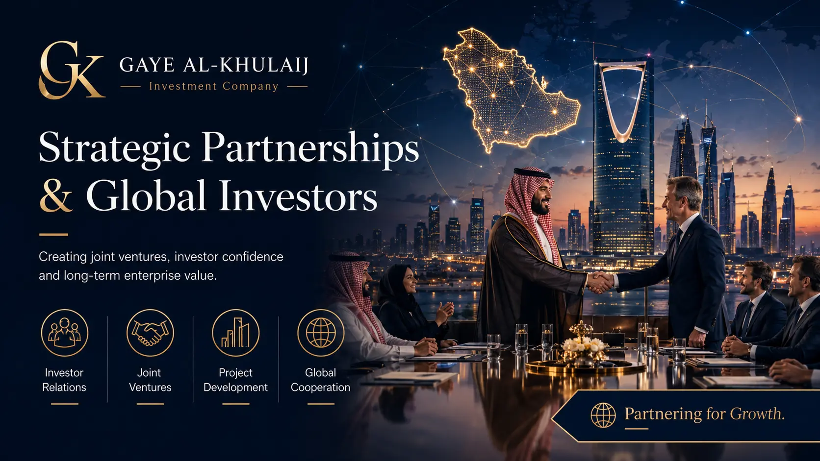 Strategic investment and partnerships: business leaders meeting above a Saudi city skyline