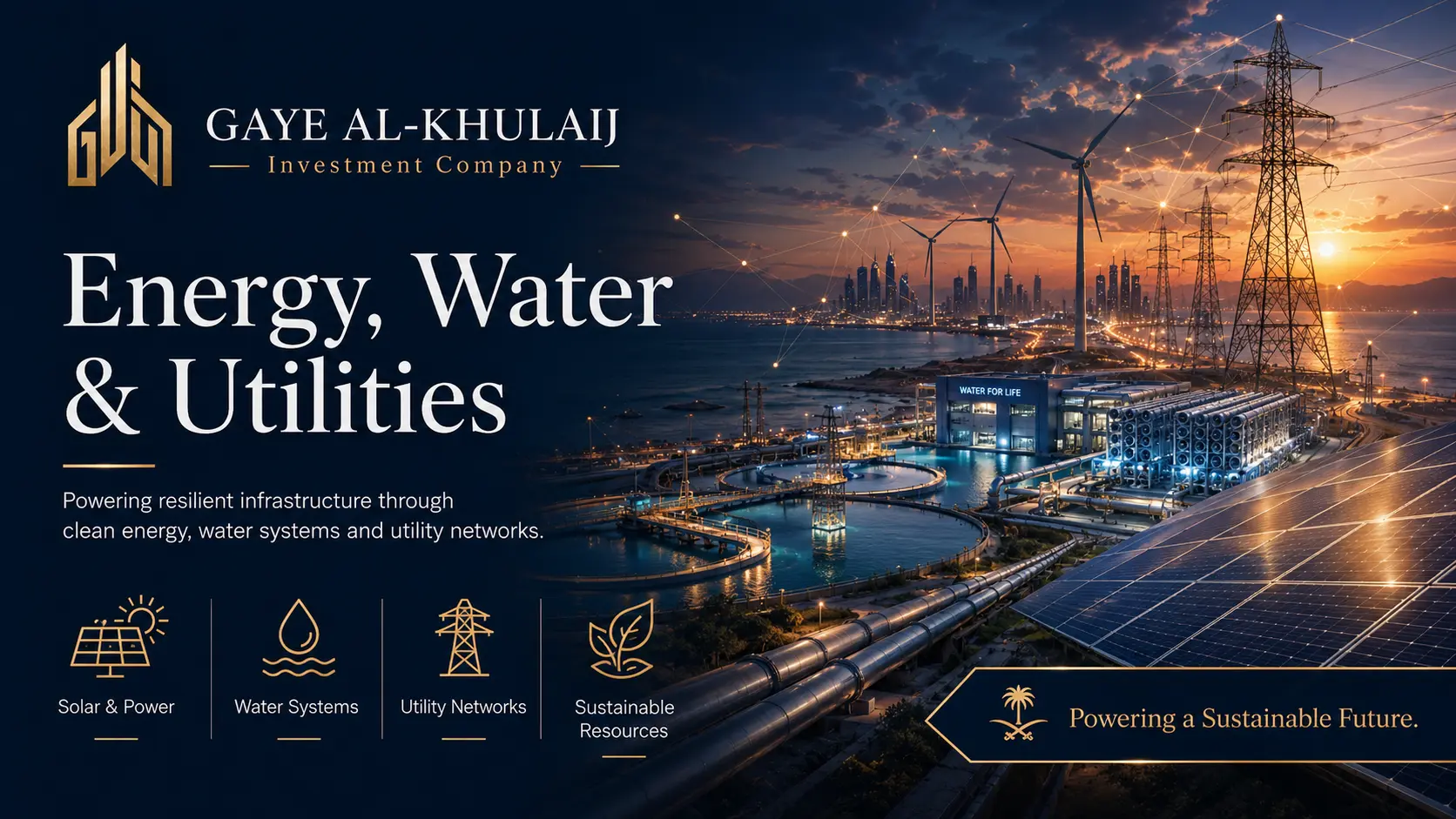 Energy, water and utilities: solar field, wind turbines, transmission network and treatment plant