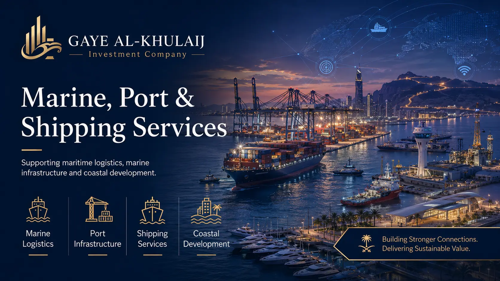 Marine, port and shipping services: container terminal, vessels and coastal development